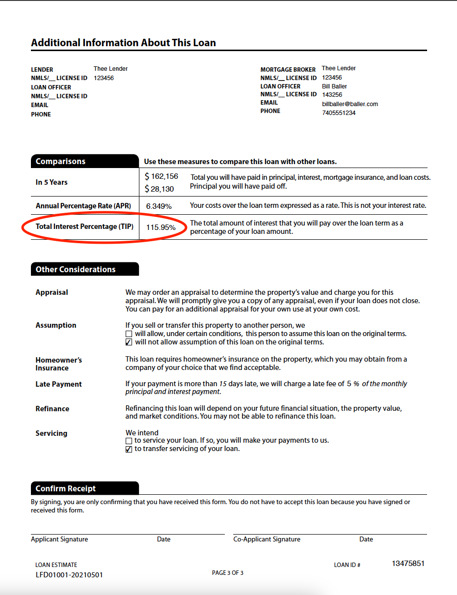 Loan Estimate page 3 showing Total Interest Percentage (TIP)